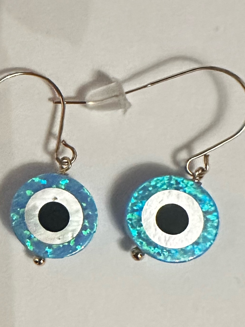 New 14K solid gold earrings long evil eye solid 14K gold earrings blue opal